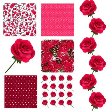 Set of 6 elegant seamless patterns with decorative red roses, design element Stock Illustration