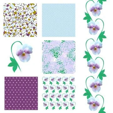 Set of 6 elegant seamless patterns with soft violet pansies, design elements Stock Illustration