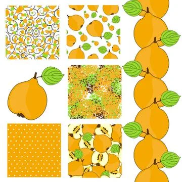Set of 6 elegant seamless patterns with ripe quinces, design elements イラスト素材
