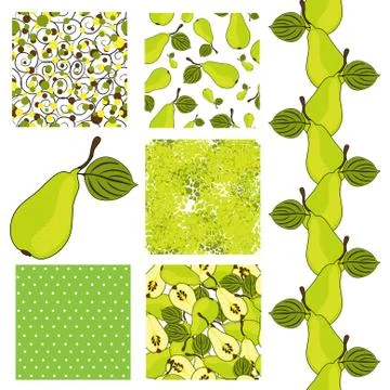 Set of 6 elegant seamless patterns with ripe pears, design elements イラスト素材
