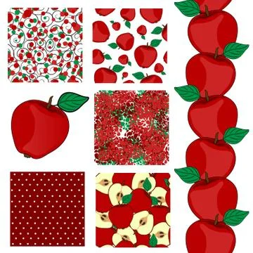 Set of 6 elegant seamless patterns with ripe red apples, design elements イラスト素材