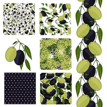 Set of 6 elegant seamless patterns with olives, design elements イラスト素材