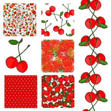 Set of 6 elegant seamless patterns with ripe red cherries, design elements Stock Illustration