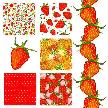 Set of 6 elegant seamless patterns with ripe red strawberries,design elements イラスト素材