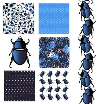 Set of 6 elegant seamless patterns with decorative blue scarabs, design elements イラスト素材