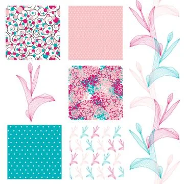 Set of 6 elegant seamless patterns with decorative tulips, design elements イラスト素材