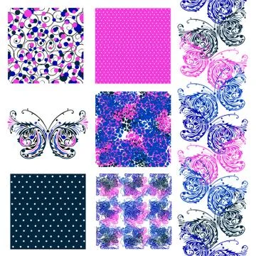 Set of 6 elegant seamless patterns with decorative buterflies, design elements Stock Illustration