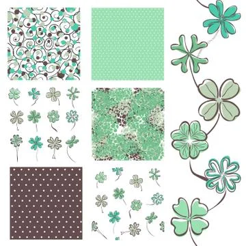 Set of 6 elegant seamless patterns with four leaf lucky clovers, design elements Stock Illustration