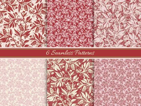 Set of 6 Floral seamless patterns with leaves and berries in wine red, pink Stock Illustration