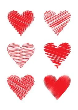 Set of 6 hand drawn scribbled hearts, vector illustration Stock Illustration