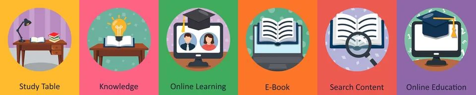 A set of 6 mix icons as study table, knowledge, online learning Illustrazione stock