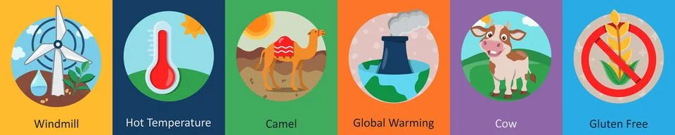 A set of 6 mix icons as windmill, hot temperature, camel Stock Illustration