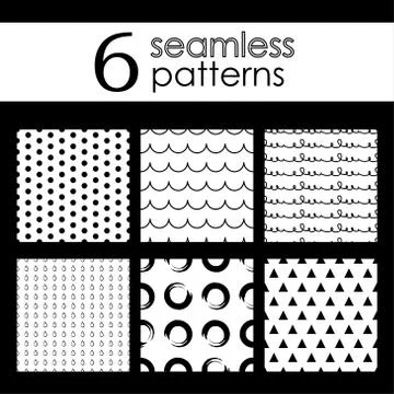 Set of 6 monochrome elegant vector seamless patterns. Black and white pattern. Stock Illustration