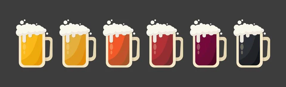 Set of 6 mugs of different types of beer - Vector Stock Illustration