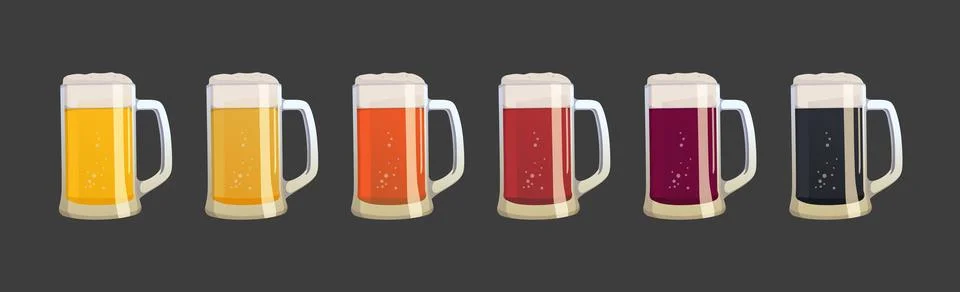 Set of 6 mugs of different types of beer - Vector Stock Illustration