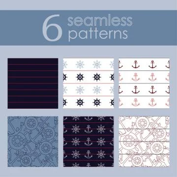 Set of 6 nautical backgrounds in dark blue, light blue, red and white colors. Illustrazione stock