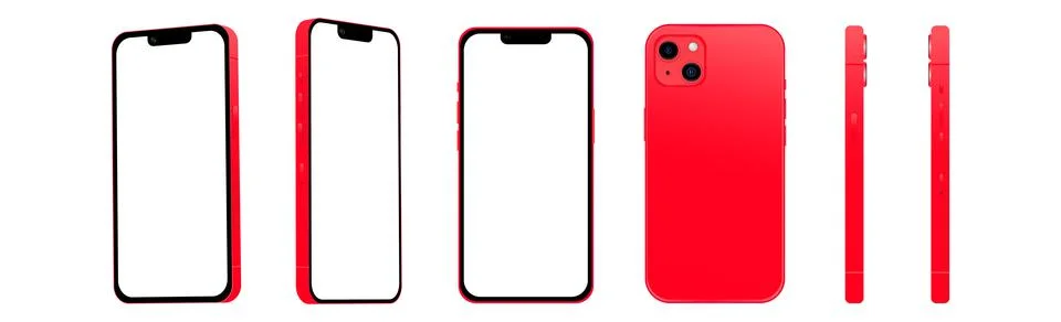Set of 6 pcs different angles, Red smartphone 14 models, new IT industry, mockup Stock Illustration