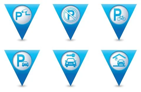 Set of 6 pointers parking BLUE triangular map pointer Stock Illustration
