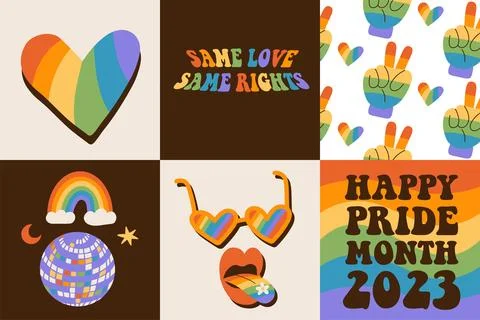 Set of 6 Pride month square cards with rainbow backgrounds, LGBTQ symbols Illustrazione stock