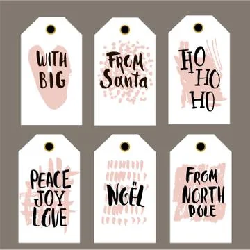 Set of 6 printable hand drawn holiday label with a hand written phrases. Ve.. Stock Illustration