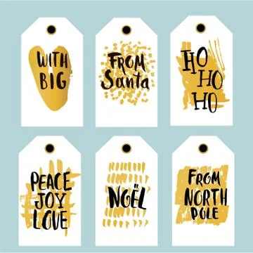 Set of 6 printable hand drawn holiday label with a hand written phrases. Ve.. Stock Illustration