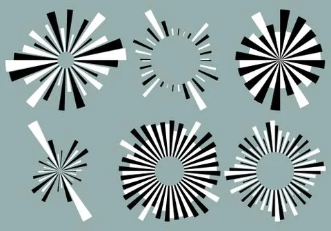 Set 6 radial lines, rays, beams elements. Various starburst, sunburst shapes  Stock Illustration