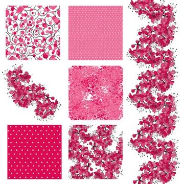 Set of 6 seamless patterns with decorative cherry blossom, design elements 스톡 일러스트