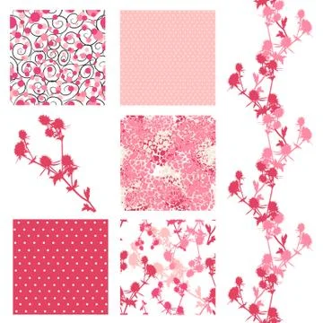 Set of 6 seamless patterns with decorative thistle flowers, design elements Stock Illustration