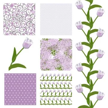 Set of 6 seamless patterns with decorative soft violet tulips,design elements Stockillustratie