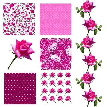 Set of 6 seamless patterns with decorative pink roses, dots, design elements イラスト素材