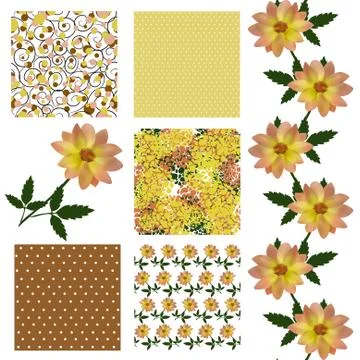 Set of 6 seamless patterns with decorative yellow dahlias, design elements Stock Illustration