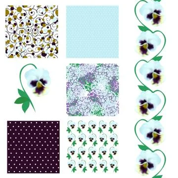 Set of 6 seamless patterns with decorative white violet pansies, design elements Stock Illustration