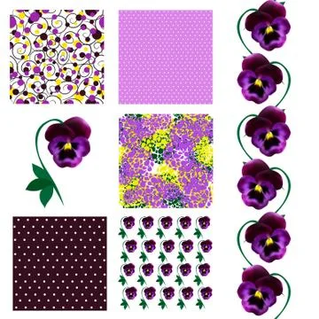 Set of 6 seamless patterns with decorative violet pansies, design elements Stock Illustration