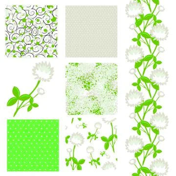 Set of 6 seamless patterns with decorative white clovers, design elements Stock Illustration