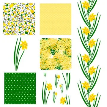 Set of 6 seamless patterns with decorative yellow daffodils, design elements Stock Illustration