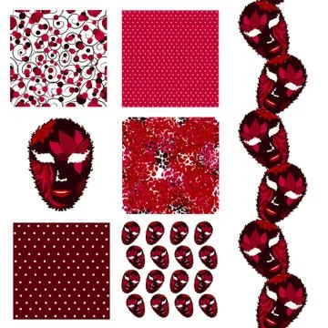 Set of 6 seamless patterns with decorative carnival masks, design elements Stock Illustration