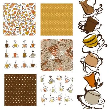 Set of 6 seamless patterns with decorative coffee (tea) cups,design elements Ilustración de archivo