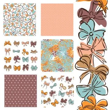 Set of 6 seamless patterns with decorative bows, design elements イラスト素材