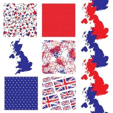 Set of 6 seamless patterns with great britain map, design elements Stock Illustration