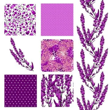 Set of 6 seamless patterns set with decorative violet flowers, design elements Stock Illustration
