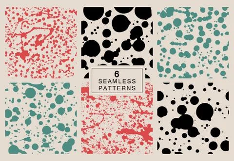 Set of 6 Seamless Patterns. Splatter Dots. Three colors. Stock Illustration