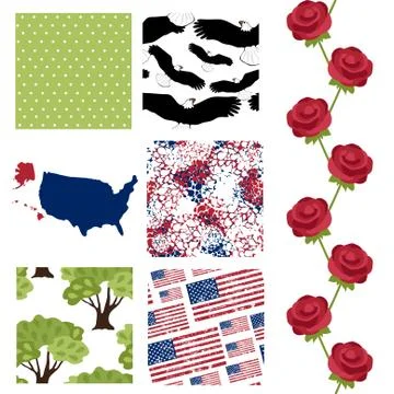 Set of 6 seamless patterns with united states of america map, design elements Stock Illustration