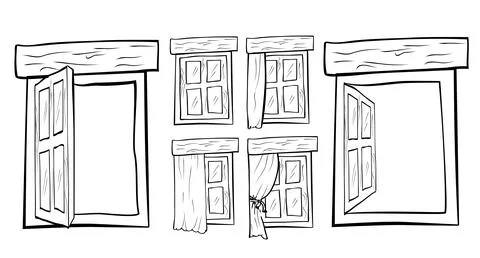 Set 6 Simple Vector Hand Draw Sketch of Window and Curtain 스톡 일러스트