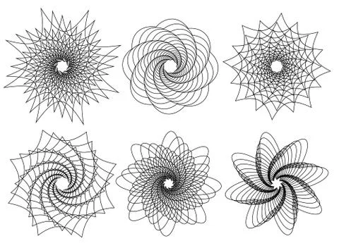 Set of 6 spirally, rotating shapes. abstract geometric forms, elements. Stock Illustration