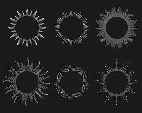 Set of 6 sun frames. Templates for design with place for text. Stars. Astrolo Stock Illustration