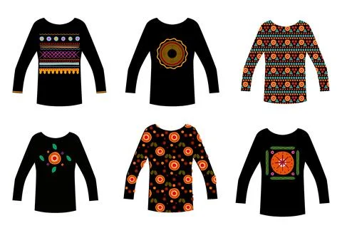 Set of 6 sweaters with folk patterns Stock Illustration