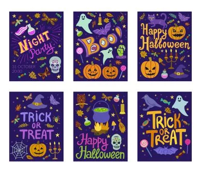 Set of 6 vector cute cartoon Halloween banners. Stock Illustration