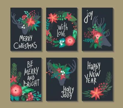 Set of 6 vertical winter holidays greeting cards with floral Christmas wreaths Stock Illustration