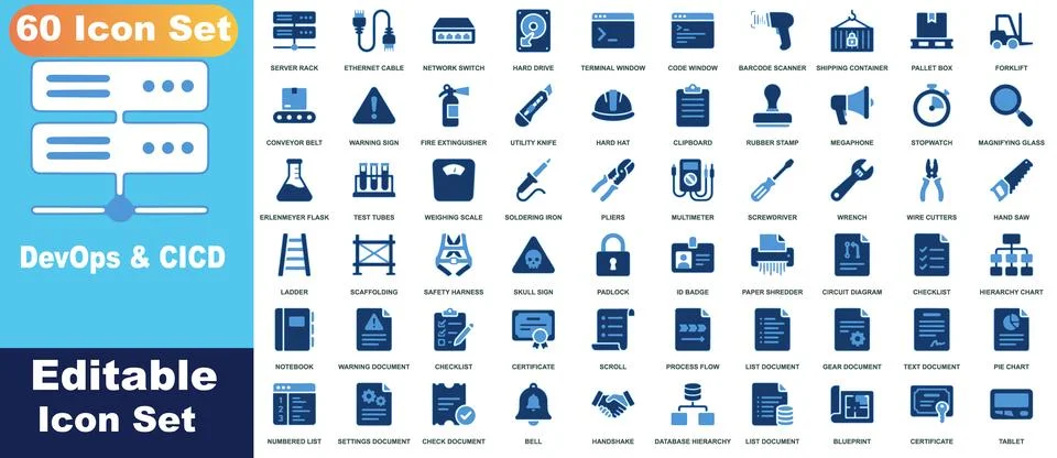 Set of 60 blue gradient dev ops, ci cd, and industrial icons including serv.. Stock Illustration