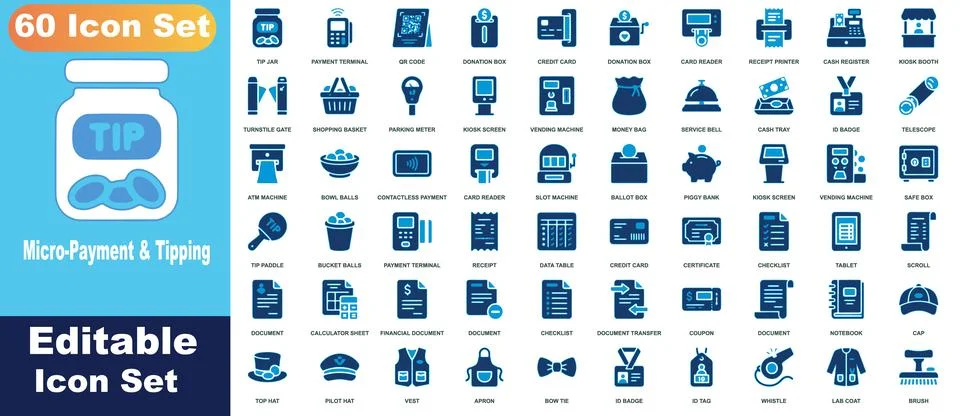 Set of 60 blue gradient icons featuring micro-payment, tipping, financial t.. Stock Illustration